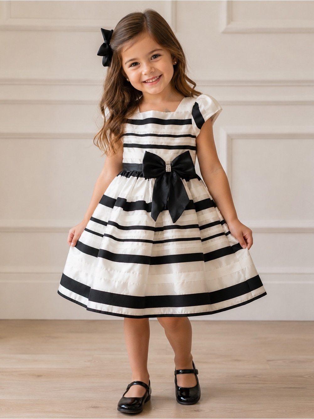 Girls size 6 Black and White Striped Formal Dress. Great condition.